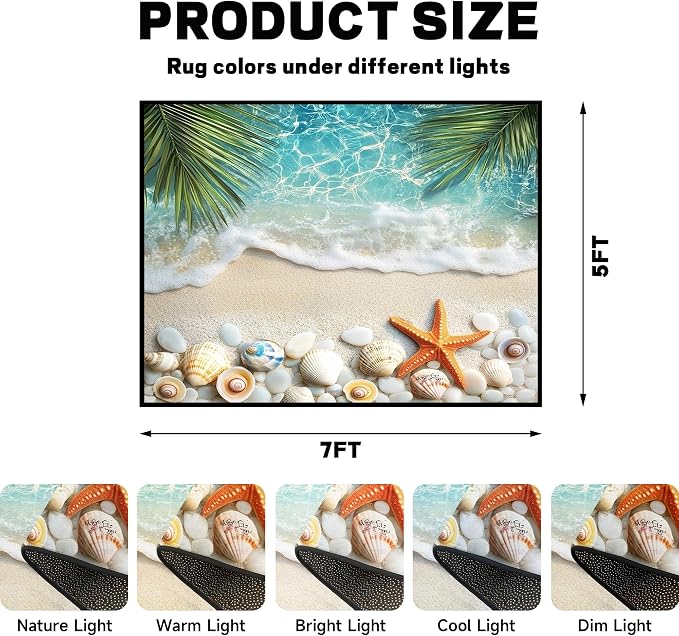 5'x7' Beach Rug Starfish Seashell Area Rugs for Bedroom Living Room Kitchen Nursery Playroom Home Decor Ocean Sea Wave Carpt 3D Non Slip Washable Throw Rug Coastal Seaside Floor Mat