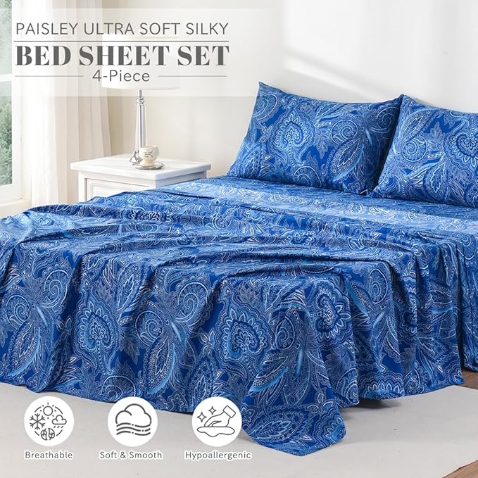 Bedlifes Queen Sheet Set Ultra Soft, Breathable, Silky Flower Deep Pocket 100% Microfiber Bedding, 4 Piece Queen Size Paisley Dark Navy Blue