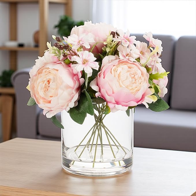 ENOVA FLORAL Artificial Flower Arrangement with Vase,Mixed Artificial Fake Silk Peony Flower in Vase for Decoration Home Office, Wedding Centerpiece (Pink01)