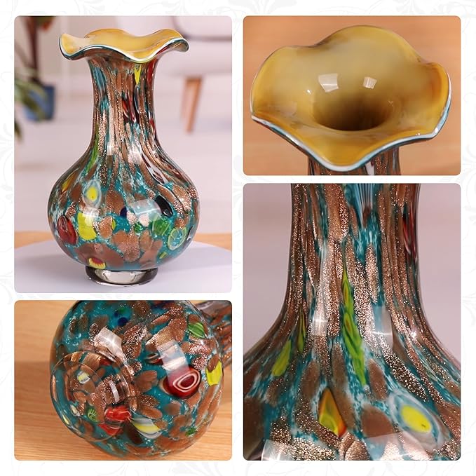 KAMMAK Colored Glass Vase, Beautiful Hand Blown Decorative Vase, Modern Art Vase for Flower Mantle Dining Table Centerpiece, Entryway Living Room Wedding Decoration, FH012