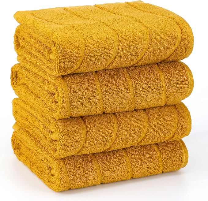 VitalCozy 4pcs Yellow Hand Towels Set for Bathroom Decorative 14x29 Inch Wavy Striped 100% Cotton Soft Absorbent for Bathroom Kitchen Mustard Fall Gift for Festival