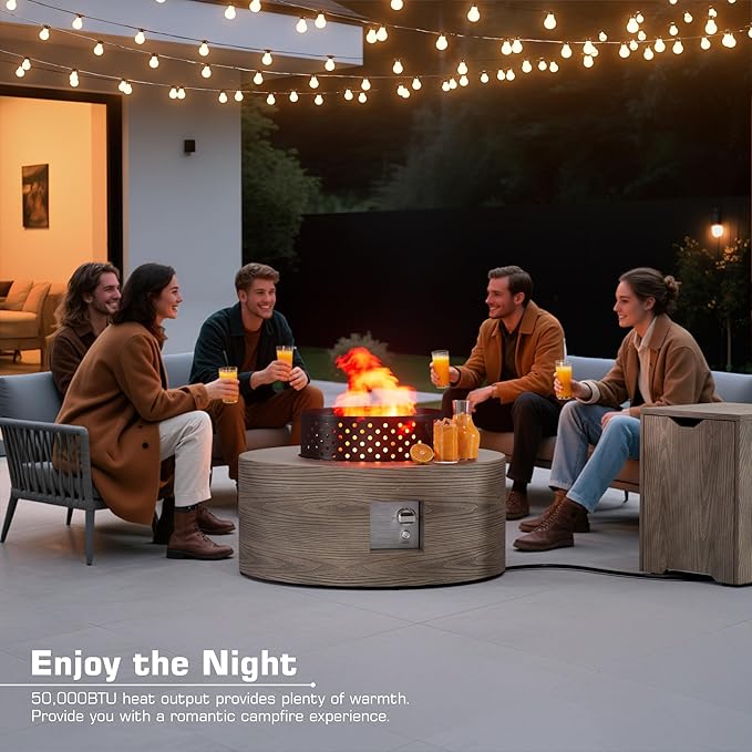 2-Piece 30" Round Propane Fire Pit for Outside Patio with Hidden Tank Table, 50,000 BTU Fireplaces with Wind Guard, Lid, Glass Rocks, Cover(Wood Grain Walnut)