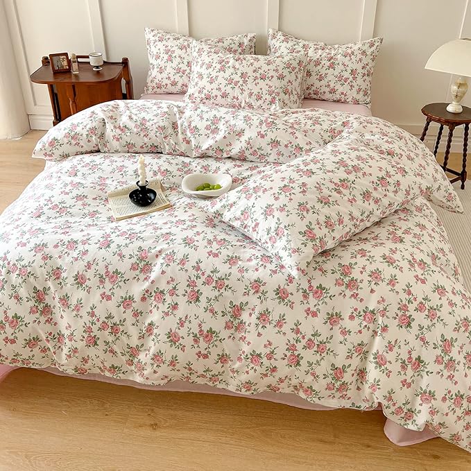 Pink Floral Duvet Cover Queen Soft Cotton Girls Cottagecore Bedding Set Botanical Peach Flower Comforter Cover with Zipper Closure Vintage Country Bedding Aesthetic Duvet Cover with 2 Pillowcases