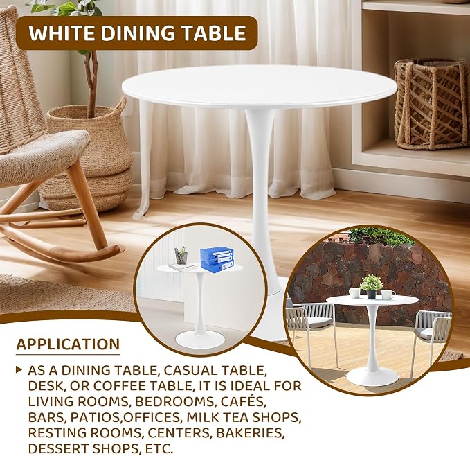 Round White Dining Table Modern Kitchen Table with Pedestal Base in Tulip Design, Mid-Century Leisure Table for 2 to 4 Person，for Kitchen, LivingRoom, Restaurant, Office, Cafe（31.49inches）