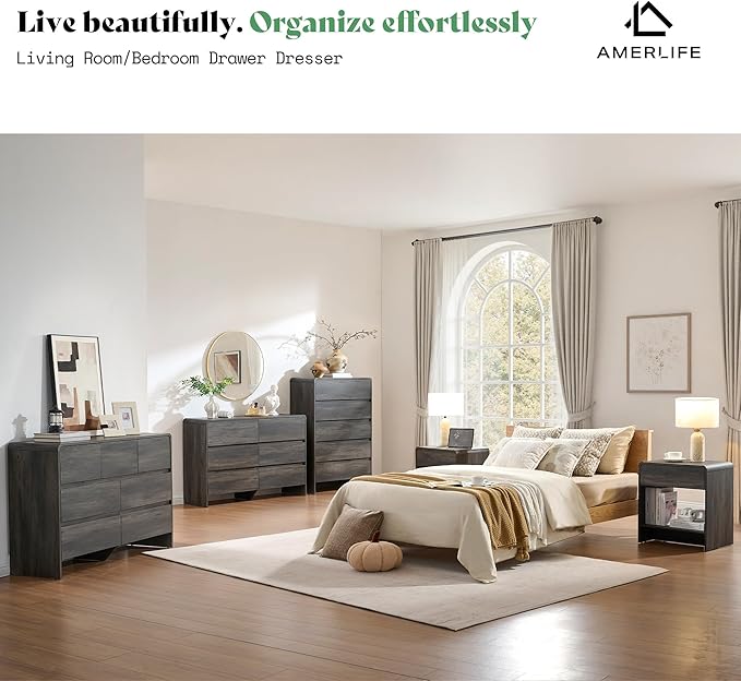 AMERLIFE 6 Drawer Dresser for Bedroom, 49" Wide Modern Chest of Storage Drawers with Rounded Corners, Anti-Tip Kit, Wood Cabinet Organizer for Closet, Living Room, Nursery, Easy Assembly, Black