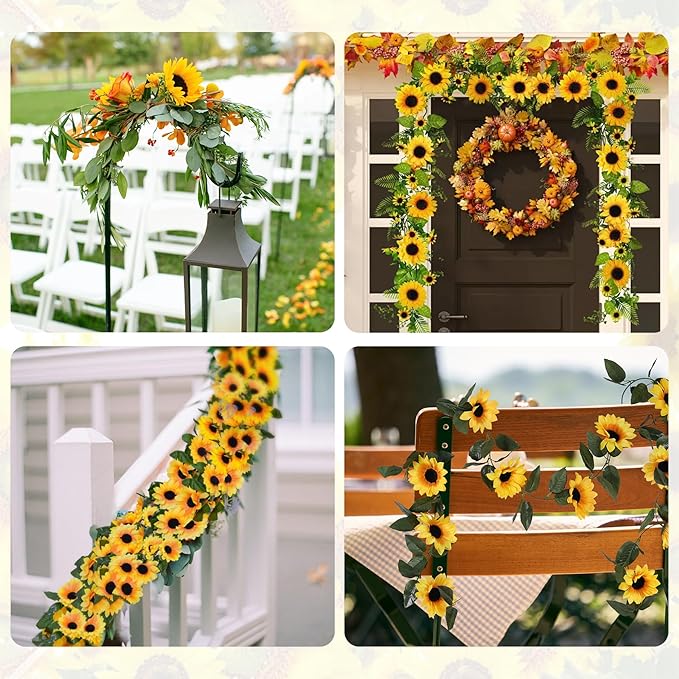 4 Pack Sunflower Garland Fall Girasoles Decorations,7.5ft Silk Artificial Sunflowers Fake Hanging Vines with Green Leaves Garland for Birthday Backdrop Outdoor Wedding Decor