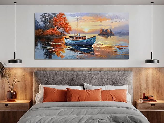Brushart Ship Wall Art for Living Room, Large Canvas Wall Art Landscape Picture Painting Wall Decor Textured Artwork for Walls Bedroom Home Office 48"x24"