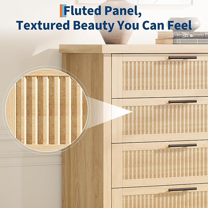 GarveeHome Fluted 5 Drawer Tall Dresser for Bedroom, 42.9 in Chest of Drawers, Wooden Dresser Chest with Clothes Storage Cabinet, Drawer Organizer, TV Stand for Bedroom, Living Room, Hallway, Natural