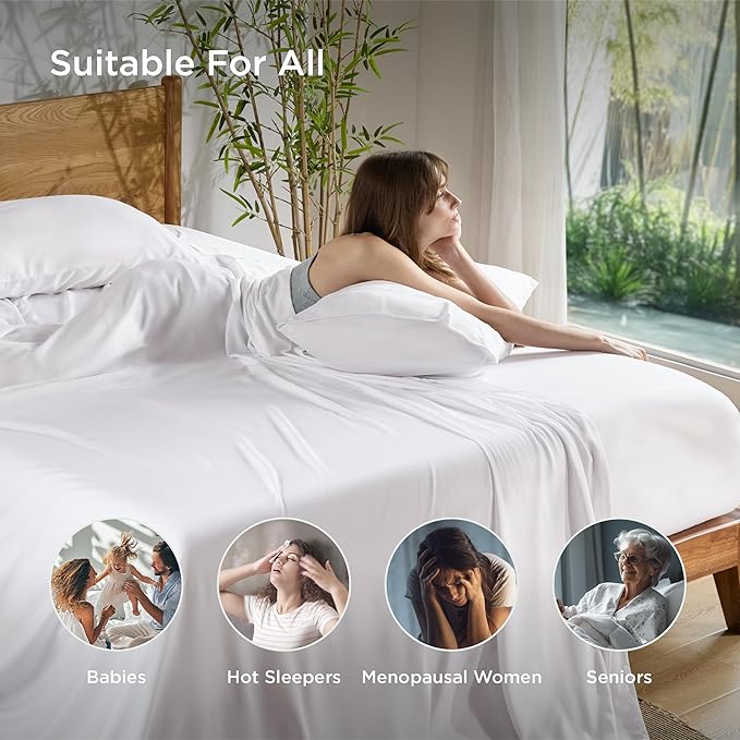 Bedsure King Size Sheet Set, Cooling Sheets, Rayon Derived from Bamboo, Deep Pocket Up to 16", Breathable & Soft, Bed Sheets, Hotel Luxury Silky Bedding for Hot Sleepers, White