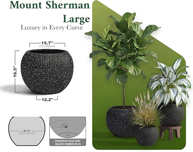 DTY Signature Mount Sherman Modern Indoor Outdoor Fiberstone Sphere Planter, Durable Round Garden Pot, Weather Resistant, Drainage Hole & Rubber Plug,Planter for Christmas Tree (Ribbed Black, Large)