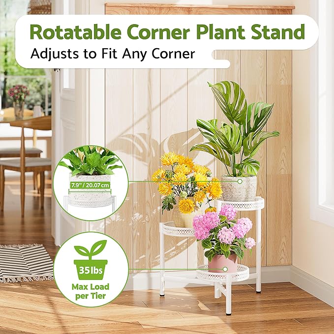 3 Tiered Tall Plant Stand Indoor Outdoor, Metral Plant Shelf for Corner Display Rack, Multi-Tier Folding Planter Pot Holder Flower Stand for Living Room Balcony Garden Patio - WhiteWave