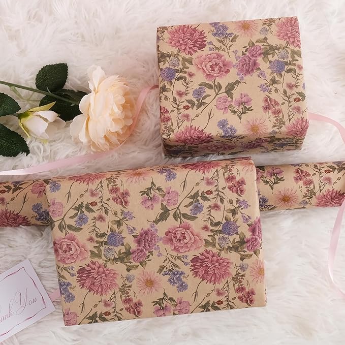 RayofSun Kraft Floral Wrapping Paper Roll 17 in x 32 ft Mini Roll Vintage Wildflower Pink Flower Gift Wrap Paper for All Occasion Wedding Birthday Bridal Shower Party Wrapping Supplies