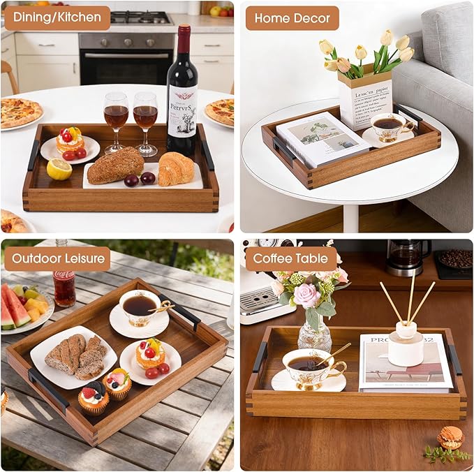 Large Ottoman Tray for Living Room and Coffee Table, Decorative Acacia Wood Serving Tray with Metal Handles for Breakfast in Bed, Dinner Food Kitchen TV (Natural, 17" x 13" x 2")