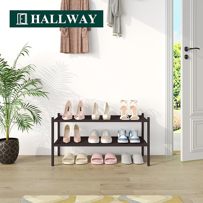 Smiry Bamboo Shoe Rack, 2 Tier Shoe Organizer for Entryway & Closet, Stackable Free Standing Storage Shelf for Shoes, Bags & Plants, Brown