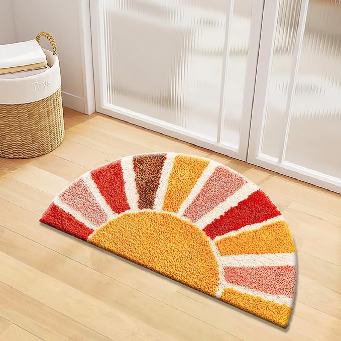 UKELER Boho Bathroom Rugs Half Circle Bohemian Bath Mat Cute Sun Retro Area Rugs for Home Decor Non Slip Washable Absorbent Bath Rug for Bathroom,Sink, Shower, Tub 30''×16''
