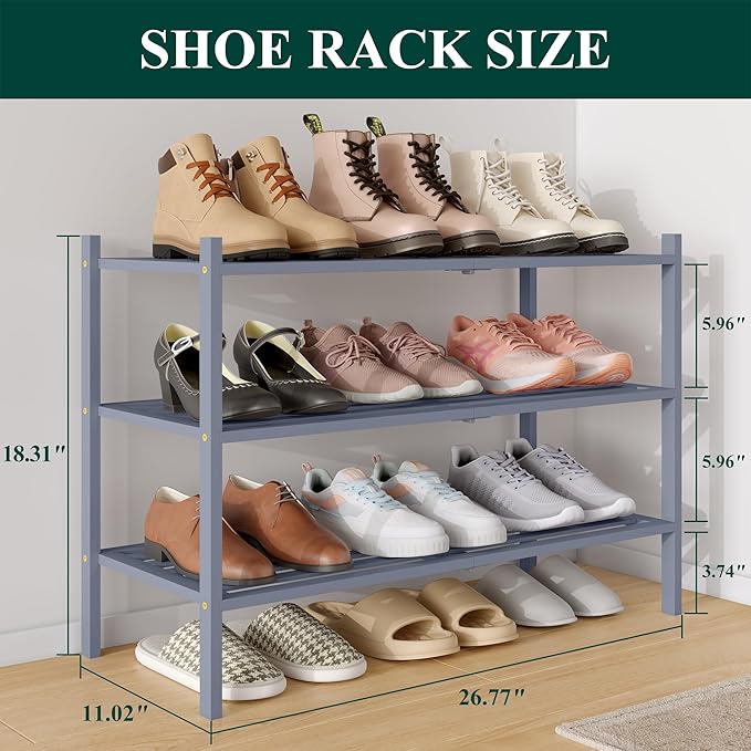 Smiry Bamboo Shoe Rack 3-Tier, Stackable Wooden Shoe Organizer for Entryway & Closet, Free Standing Wood Shoe Storage Shelf for Front Door & Small Spaces, Grey