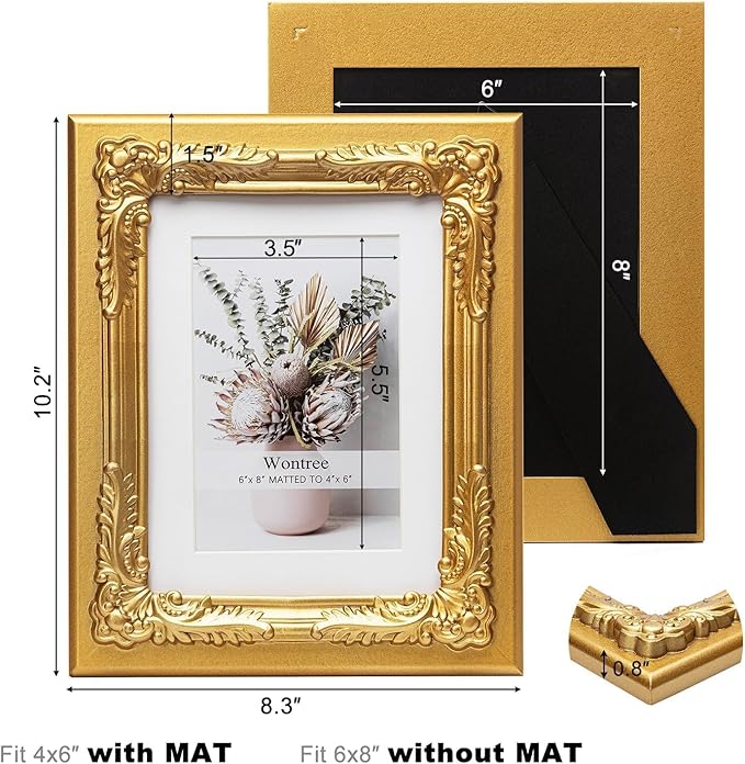 6x8 Gold Picture Frame with Baroque Flower Trim, Solid Wood with Real Glass, Display 6x8 Photos Matted to 4x6, Vertical and Horizontal Desk Tabletop or Wall Hanging，Ornate Vintage Style