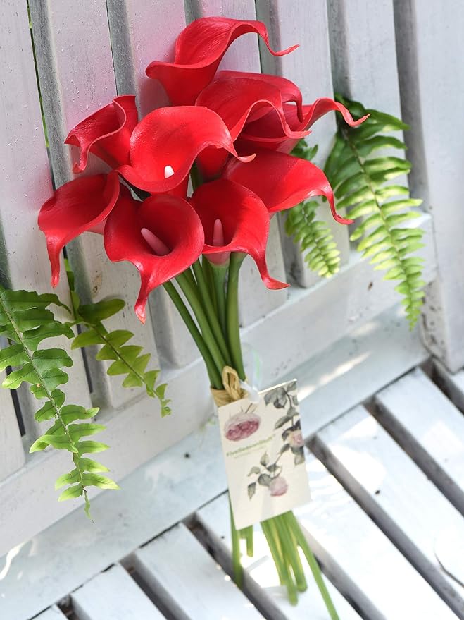 FiveSeasonStuff Real Touch Calla Lily Artificial Flowers Wedding Bridal Bouquet | Floral Arrangements | 15 Calla Lilies (Scarlet Red)