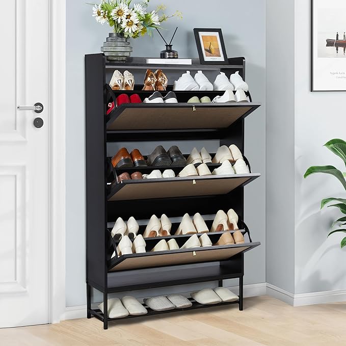 LEVNARY Shoe Storage Cabinet with 3 Flip Drawers, Freestanding Shoe Cabinet Storage Organizer for Entryway, Wooden Narrow Shoe Racks Cabinet with Metal Legs for Hallway (Black)