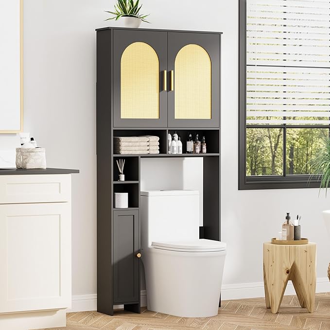 Homhedy 67" H Over The Toilet Storage Cabinet, Bathroom Organizer with Rattan Decorated Doors, Adjustable Shelves, Toilet Paper Holder, Space-Saving Bathroom Shelf for Small Spaces, Natural and Black