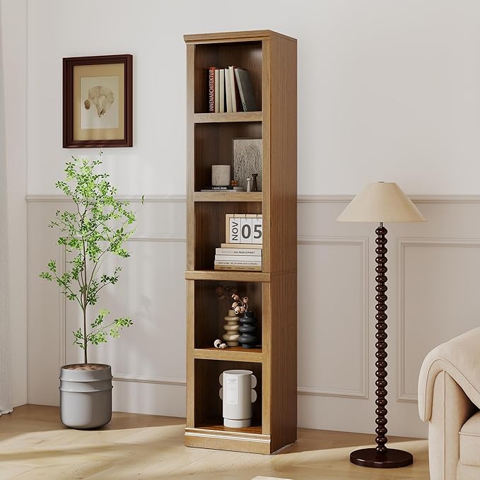 blini 5-Shelf Narrow Bookcase White Wooden Tall Bookshelves Floor Standing Display Storage Shelves Vintage Oak Bookcase for Home Office, Living Room, Bed Room