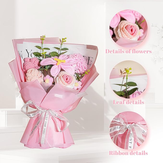 Crochet Flowers Bouquet 8PCS, Handmade Knitted Artificial Crochet Flower Gifts - Tulips Roses Daisies Carnations, Preserved Flowers for Mother's Day Valentine's Day Birthday Home Decor- Pink (Pink)