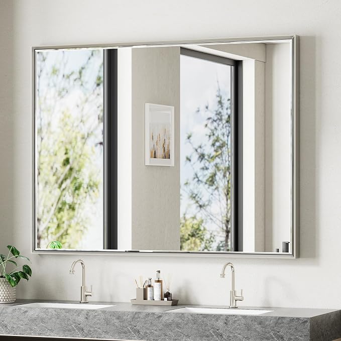 48'' x 36'' Brushed Nickel Framed Beveled Bathroom Mirror, Shatterproof Rectangle Brushed Nickel Frame Mirror, Anti-Rust Vertical/Horizontal Wall-Mounted Mirrors