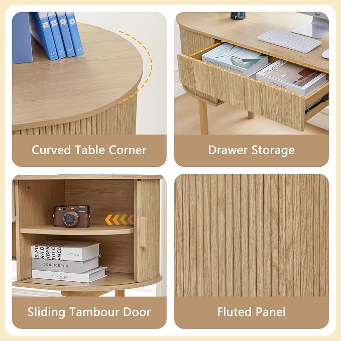 ORRD Home Office Oval Desk with Sliding Tambour Door and Drawer, Modern Fluted Wood Executive Computer Storage Desk for Study, Living Room, Bedroom, Office - Natural