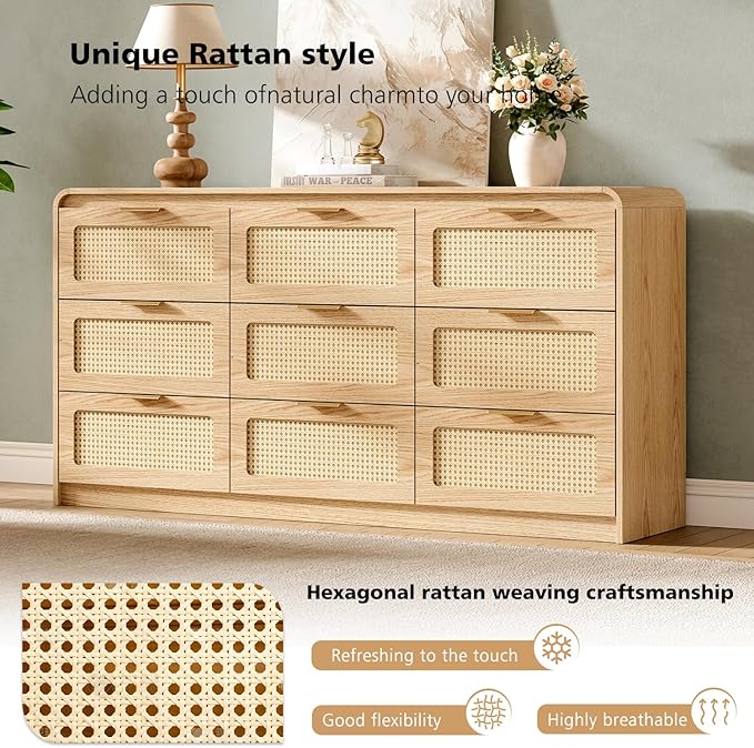 Mid Century Modern Dresser,Rattan 9 Drawers Dresser for Bedroom, 59" Wide Wood Dressers & Chests of Drawers/Curved Profile Design, Natural Texture for Bedroom, Living Room, Warm Wood