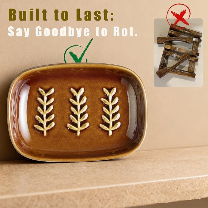 Miamolo Soap Dish for Shower, Ceramic Soap Holder Soap Dishes for Large Bar Soap Sponge, Decorative Soap Saver Tray for Bathroom Kitchen Sink Bathtub, Pro-Environment, Extend Soap Life, Dark Brown