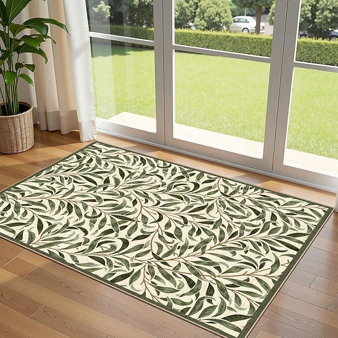 3x5 Boho Entry Rug - Small Washable Indoor Outdoor Mats for Front Door Non-Slip Porch Rug Sage Green Botaniacal Leaf Throw Rugs for Living Room Bedroom Entryway Kitchen Office Porch Decor