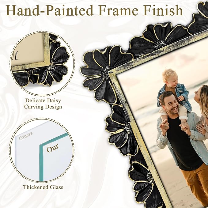 4x6 Vintage Flower Picture Frame, Ornate Antique Photo Frame with Glass Front, Elegant Picture Frame for for Wall or Tabletop Display, Gift ldeas for Home Decor (Black Gold)