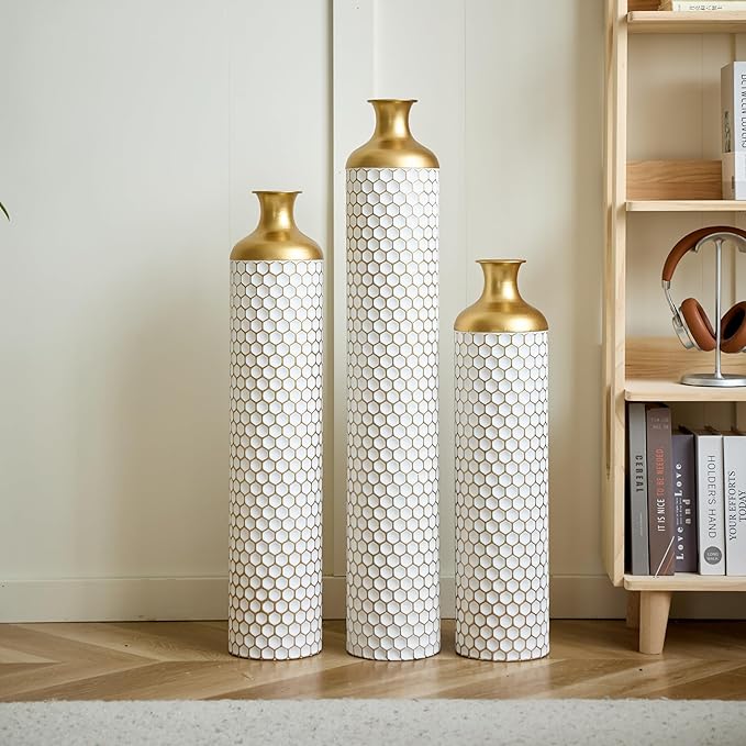 Metal Floor Vases Decorative, Set of 3 Flower Arrangement Stand, Tall White＆Gold Metal Floor Vases for Living Room, Bedroom & Entryway, 33.4", 28.74", 24.4" H (Gold＆White2)