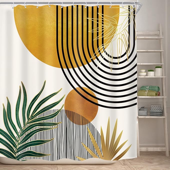 KOMLLEX Mid Century Boho Shower Curtain for Bathroom Decor Abstract Modern Sun Minimalist Aesthetic Arch Curve Leaves Geometric Yellow Gold Neutral Fabric Waterproof Polyester 12 Hook 72Wx72H