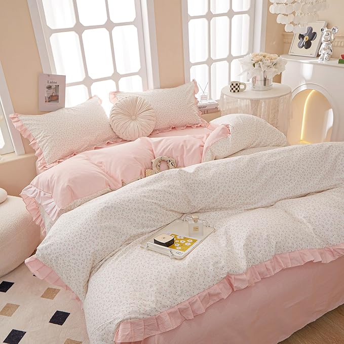 Pink Floral Ruffle Duvet Cover Twin 100% Cotton Pink Flower Duvet Cover Girls Romantic Comforter Cover Princess Lace Coquette Bedding Set Vintage Aesthetic Bedding Cute Flower Comforter Cover Twin
