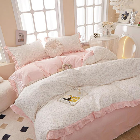 Pink Floral Ruffle Duvet Cover Twin 100% Cotton Pink Flower Duvet Cover Girls Romantic Comforter Cover Princess Lace Coquette Bedding Set Vintage Aesthetic Bedding Cute Flower Comforter Cover Twin