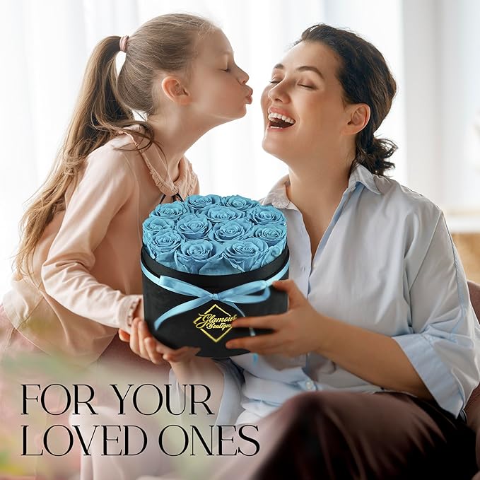 GLAMOUR BOUTIQUE Flowers Forever Gift Box 12 Real Preserved Roses in a Velvet Box, Birthday for Her Mom and Wife, Mothers Day, Anniversary, Graduation - Teal