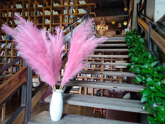 Premium Faux Pampas Grass Decor Tall & Fluffy, No Assembly Needed Long Pampas, Luxury Large Floral, Elegant Feather Flowers for Wedding Decor(Faux Dark Pink, 8pcs 43.3"(110cm))