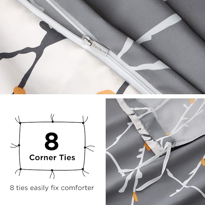 Bedsure Duvet Cover Queen Size - Reversible Tree Branch Duvet Cover Set with Zipper Closure, 3 Pieces Grey Bedding Set with 8 Corner Ties and 2 Pillow Shams 20"x26"