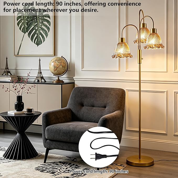 Lightdot 3-Light Glass Floor Lamp for Living Room, 70" Gold Dimmable Standing Tall Lamp with Amber Ribbed Glass Shades &3PCS 3000K Warm White Bulbs, Modern Tree Pole Lamp for Bedroom Home Decor