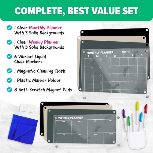 Skiennix Acrylic Calendar for Fridge - Magnetic Dry Erase Planning Board Set | 2-Piece with 6 Chalk Markers & 3 Backgrounds