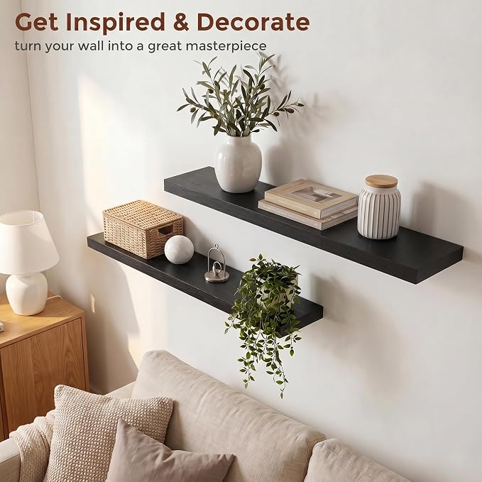 fuqing 40 Inch Floating Shelves | 6.7 Inch Deep Black Shelves for Wall Set of 2 | 40''W x 6.7''D x 1.4''H Black Wood Shelves for Living Room Bathroom Bedroom Kitchen Home Office