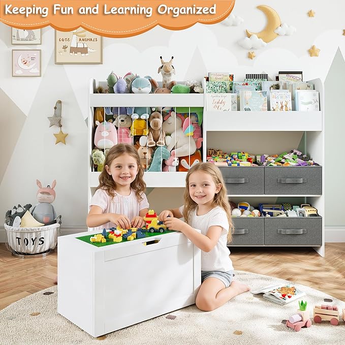 Toy Storage Organizer with Stuffed Animal Storage - Kids Bookshelf with 4 Removable Bins and 1 Movable Toy Storage Bin, 3-Tier Bookshelf with Building Block Play Table for Kids Room Playroom (White)