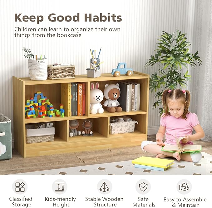 Toy Storage Organizer, 2-Tier Kids Bookshelf, 5 Cube Kids' Bookcases, Cabinets & Shelves, Wooden Toy Organizers, Small Book Shelf for Bedroom, Playroom, Classroom, Nursery (Burlywood)
