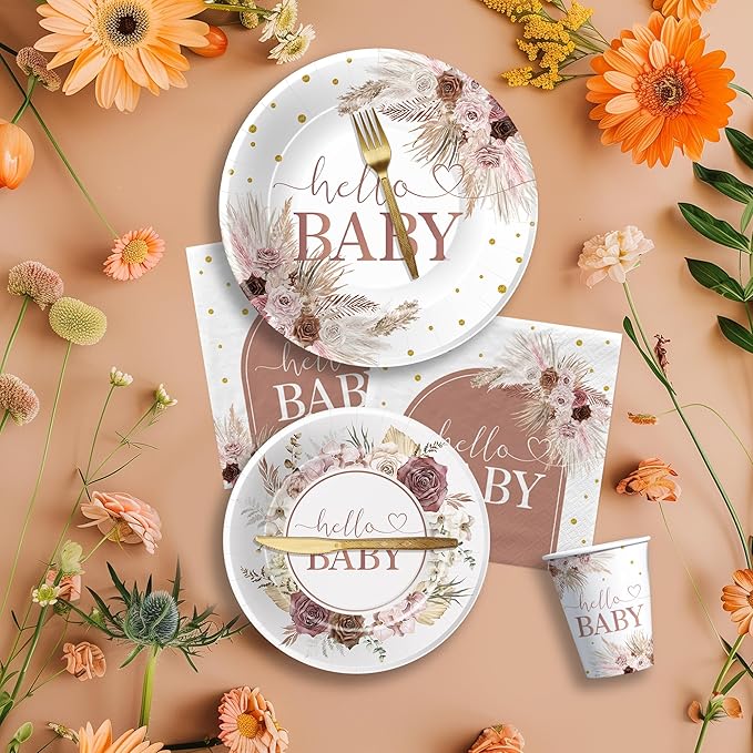 Boho Baby Shower Decorations Party Tableware - Boho Floral Pampas Grass Baby Girl Decorations, Paper Plate, Napkin, Cup, Disposable Cutlery | 24 Guests