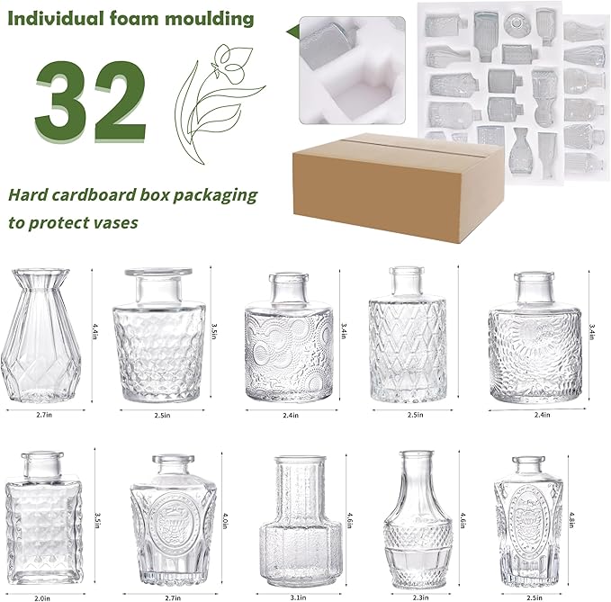32pcs Glass Bud Vase Set, Small Vintage Glass Vase, Mini Vases for Flowers for Wedding, Party, Home or Table Decoration