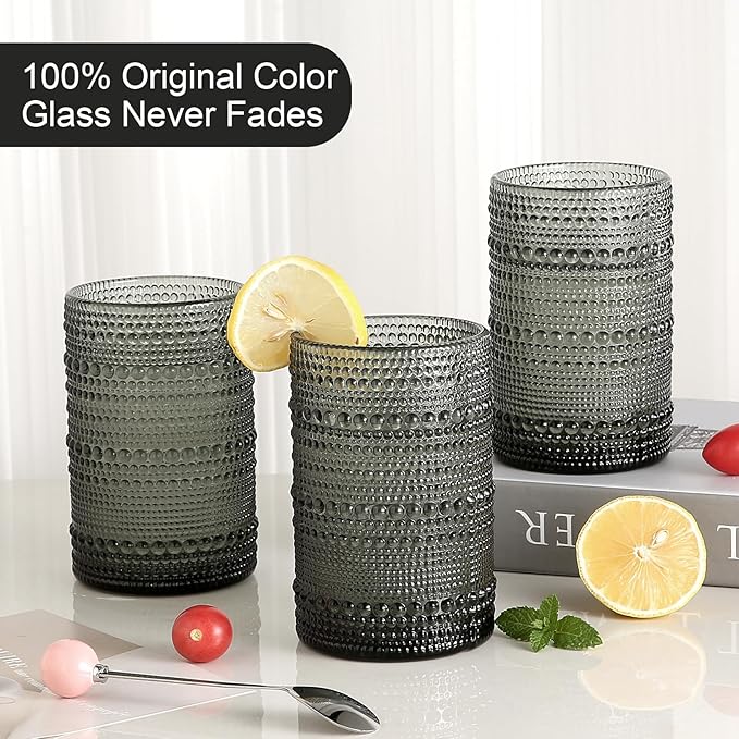 ZMOWIPDL Vintage Glassware Drinking Glasses Set of 6,15 oz Hobnail Glass Cups,Embossed Grey Water Tumbler,for Beer,Cocktail,Whiskey,Juice and Various Mixed Drinks- 1 Cleaning Brush
