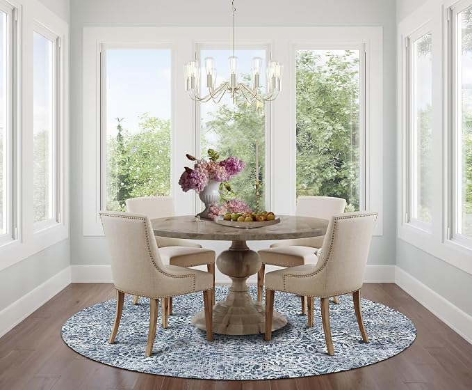 vivorug Round Rug 4ft Vintage-Inspired Round Area Rug Non-Slip Indoor Carpet for Living Room Bedroom Entryway, Stain Resistant Home Decor Circle Rug, Blue Medallion