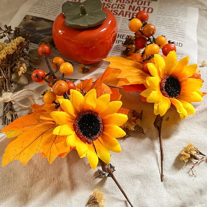 6 Pack Fall Stems Artificial Berry Picks Fall Picks with Sunflowers Maple Leaves Branches Decorations for Harvest Autumn Thanksgiving Day Flower Arrangements Wreaths Indoor Outdoor Home Decor