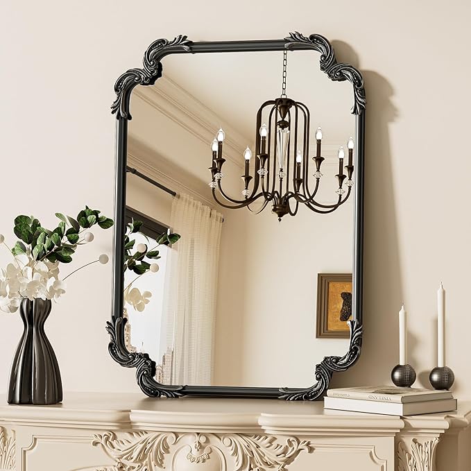 TETOTE Vintage Baroque Black Rectangle Mirror for Wall 22 x 30 Antique Scroll Frame French Mantle Mirror for Fireplace Bathroom Living Room Bedroom Decor, Horizontal/Vertical